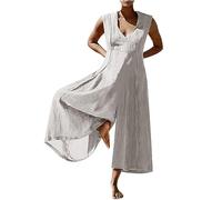 AMhomely Evening Jumpsuit for Women UK Elegant Cotton Linen Dungarees Plus Size Boho Rompers Trousers Solid Loose Flowy Wide Leg Playsuits Solid V Neck Wide Leg Beach Jumpsuits Holiday White 5XL