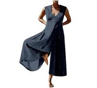 AMhomely Evening Jumpsuit for Women UK Elegant Cotton Linen Dungarees Plus Size Boho Rompers Trousers Solid Loose Flowy Wide Leg Playsuits Solid V Neck Wide Leg Beach Jumpsuits Holiday Navy 5XL
