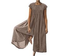 AMhomely Evening Jumpsuit for Women UK Elegant Cotton Linen Dungarees Plus Size Flowy Rompers Trousers Solid Cap Sleeve Casual Pants Crewneck Front Pleated Wide Leg Trousers Beach Playsuits Brown 5XL