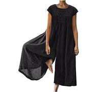 AMhomely Evening Jumpsuit for Women UK Elegant Cotton Linen Dungarees Plus Size Flowy Rompers Trousers Solid Cap Sleeve Casual Pants Crewneck Front Pleated Wide Leg Trousers Beach Playsuits Black XL