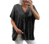 AMhomely Evening Tops for Women UK Sparkling Long Sleeve Oversized T Shirts Women Plus Size V Neck Sparkle Top Shimmer Glitter Short Sleeve T-Shirt Loose Blouse Sequin Ladies Tunic Top Black L