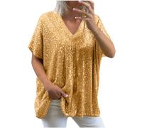 AMhomely Evening Tops for Women UK Sparkling Long Sleeve Oversized T Shirts Women Plus Size V Neck Sparkle Top Shimmer Glitter Short Sleeve T-Shirt Loose Blouse Sequin Ladies Tunic Top Yellow 3XL