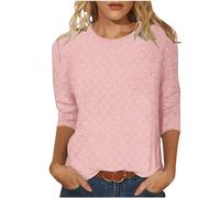 AMhomely Eyelet 3/4 Sleeves Women Lace Blouse White Tops Crewneck Plus Size T Shirts Office Work Tunic Tops Solid Loose Plain Basic T Shirts Going Out Blouse Elegant Party Tees Shirts Sale Pink S