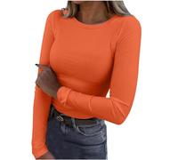 AMhomely Fitted Ribbed Long Sleeve Tops Women Solid Knitted Jumpera Crewneck Basic Ribbed Tunic Tops Undershirts Plain Pullover Tight Tee Shirts Fall Winter Bottoming T Shirts Orange S