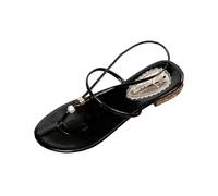 AMhomely Flat Sandals for Women Flip Flops, Dressy Low Heel Sandals,Sparkling Sling Back Bead Embellished Holiday Shoes,Open Toe Thong Flats Party Wedding Going Out Beach Summer A Black 6.5