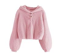 AMhomely Fleece Hoodies For Kids-Henley Neck Jumper Girls,Button Down Collar,Long Sleeve,Cropped,Soft Teddy Pullover Tops,Autumn Winter Warm Sweatshirts for Outdoor School A Pink 10-11 Years