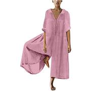 AMhomely Flowy Jumpsuit for Women Cotton Linen Dungarees Going Out Plus Size Half Sleeve Bob Trousers Loose Flowy Wide Leg Rompers Pants Solid V Neck Shirred Trousers Beach Jumpsuits Pink 5XL
