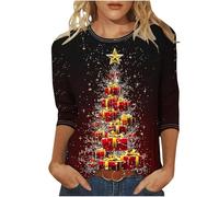AMhomely Funny Christmas Shirts Women-Plus Size 3/4 Sleeve T Shirts,Red Hat Wine Glasses,Round Neck,Xmas Tree,Santa Claus,Snowflake,Reindeer,Dwarf,Festive Party Pullover AG Wine S