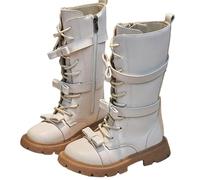 AMhomely Girls Knee High Boots Kids-Lace Up Gothic Boots-Faux Leather Riding Shoes with Double Bucket,No-Slip Platform,Wide Calf,Side Zipper,Bowknot,Winter Shoes for 3-11 Years A Beige 1.5