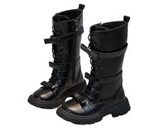 AMhomely Girls Knee High Boots Kids-Lace Up Gothic Boots-Faux Leather Riding Shoes with Double Bucket,No-Slip Platform,Wide Calf,Side Zipper,Bowknot,Winter Shoes for 3-11 Years A Black 12.5
