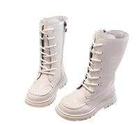 AMhomely Girls Lace Up Boots-Faux Leather Calf Boots-Waterproof Walking Shoes Kids,Side Zipper,No-Slip Platform,Autumn Winter,Riding Shoes for 4-11 Years A Beige 9