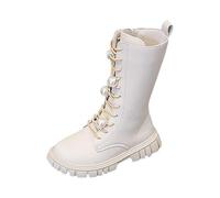 AMhomely Girls Lace Up Riding Boots Mid Calf-PU Leather Boots Kids,Bend Decor,Flat,Side Zipper,Combat Booties School Shoes for Casual Walking Party A Beige 13