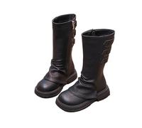 AMhomely Girls Long Riding Boots-Mid Calf Boots Girls,PU Leather,Pile Front,Side Zipper,No-Slip Sole,Back Straps,Round Toe,Autumn Casual Walking Shoes for School Outdoor A Black 9