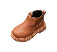 AMhomely Girls Low Boots-Faux Leather Shoes Kids-Ankle Boots Flat Heel,Zipper,Round Toe,PU,Knitted Patchwork,Non-Slip Sole,Chelsea Shoes,Autumn Winter,3-8 Years A Brown 10.5