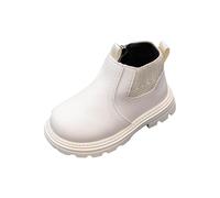 AMhomely Girls Low Boots-Faux Leather Shoes Kids-Ankle Boots Flat Heel,Zipper,Round Toe,PU,Knitted Patchwork,Non-Slip Sole,Chelsea Shoes,Autumn Winter,3-8 Years A White 10.5