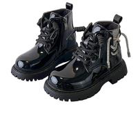 AMhomely Girls Patent Leather Boots-Girls Lace Up Ankle Boots-Kids Waterproof Walking Shoes,Side Zipper,Elastic,No-Slip Flatform,Fall Winter Shoes for 3-11 Years A Black 1