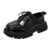 AMhomely Girls Patent Leather Loafers-School Shoes Lace Up Girls Black,Chunky Sole,Low Heels,Uniform Formal Classic Shoes,Little Big Kid,All Seasons A Black 1.5