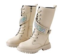 AMhomely Girls Sparkly Boots-Knee Length Lace Up Boots-Faux Leather School Shoes,Sequins Bucket,Side Zipper,No-Slip Platform,Autumn Winter,Riding Shoes for 4-11 Years A Beige 11