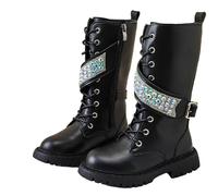 AMhomely Girls Sparkly Boots-Knee Length Lace Up Boots-Faux Leather School Shoes,Sequins Bucket,Side Zipper,No-Slip Platform,Autumn Winter,Riding Shoes for 4-11 Years A Black 12.5