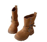 AMhomely Girls Winter Suede Boots-Mid Calf Combat Riding Boots with Side Bucket Straps,Fleece Lined,Warm,Anti-Slip,Comfy Flats,Outdoor Walking Shoes for Hikling Camping Travel A Coffee 9