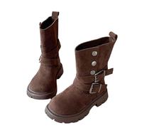AMhomely Girls Winter Suede Boots-Mid Calf Combat Riding Boots with Side Bucket Straps,Fleece Lined,Warm,Anti-Slip,Comfy Flats,Outdoor Walking Shoes for Hikling Camping Travel A Brown 12