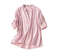 AMhomely Grandad Shirts for Women UK Linen Cotton Top Ladies Button Down Nesk Stripe Tunic Tops Blouse Half Sleeve Casual Pullover Blouse Elegant Longline Tops Shirts Office Work Holiday Pink XXL