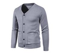 AMhomely Grey Men's Cardigans Knitted Sweater Men's Winter Casual Long Sleeve V-Neck Sweater Slim Coat Solid Color Knitwear V-Neck Jackets Golf Tops Sweatshirts UK