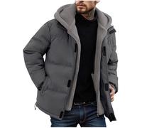AMhomely Grey Puffer Jacket Mens Fleece Jacket - Heavy Quilted Coat, Zip & Velcro Closure, Polar Fleece Lined, Hooded, Pockets, Winter Warm Parka Ski Windproof Outdoor Plus Size Windbreaker L