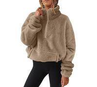 AMhomely Half Zip Fleece Women Crop Long Sleeve Stand Collar Teddy Fleece Tunic Tops Blouse Zip Up Double Jumpers Loose Fit Casual Fluffy Pullover Tops Sweatshirts Fall Winter Warm Coats Khaki M