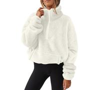 AMhomely Half Zip Women's Crop Long Sleeve Stand Collar Teddy Tunic Tops Blouse Zip Up Double Fleece Jumpers Loose Fit Casual Fluffy Pullover Tops Sweatshirts Fall Winter Warm Coats White S