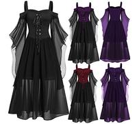AMhomely Halloween Dress Medieval Costume Women Butterfly Sleeve Maxi Dress Cold Shoulder Steampunk Corset Dress for Women Gothic Clothes Black, XXL