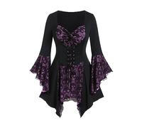 AMhomely Halloween Vintage Witch Dress Gothic Fancy Dress Puff Sleeve Tunic Frill Elegant Blouse Tops Medieval Costume Color Patchwork Elegant Ladies Goth Corset Tops Purple M