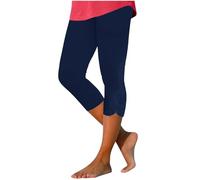 AMhomely High Waist Capri Leggings for Women UK 3/4 Crop Trousers Summer Casual Cropped Pants Joggers Elastic High Waisted Sweatpants Wave Hem Casual Joggers Plain Stretchy Leggings Navy L