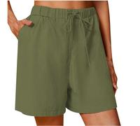 AMhomely High Waist Shorts for Women UK with Pocket Casual Cotton Linen Solid Color Drawstring Wide Legs Hot Pants Tracksuit Bottoms Sweat Plus Size Army Green XXL