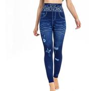 AMhomely High Waisted Printed Gym Leggings for Women's Stretch Slim Fit Faux Denim Leggings Plus Size Faux Teen Jeggings Vintage Distressed Casual Sports Trousers Yoga Tracksuit Bottoms Blue S