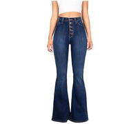 AMhomely Jeans Women Bootcut Plus Size Stretch Denim Trousers Button High Waisted Casual Bootleg Pants Vintage Distressed Flare Trousers with Pocket Casual Denim Trousers Skinny Slim Fit Pants Blue L