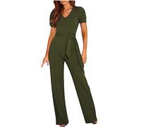 AMhomely Jumpsuit for Women Playsuits Formal Work Overalls Party Elegant Business Office Wear Short Sleeve V Neck Tie Waist Long Pants,Army Green,XXL