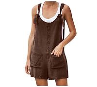 AMhomely Jumpsuit for Women UK Short Cotton Linen Playsuit with Pocket Solid Color Overalls Shorts Knot Straps Romper Wide Legs Casual Adjustable Plus Size Dungarees Shorts, 04 Brown, 3XL
