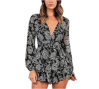 AMhomely Jumpsuit Shorts for Women UK Casual One Piece Romper Short Playsuits Ladies Printed Beach Jumpsuits Deep V-Neck Long Sleeve Bandage Knot Ruffle Hem Floral Rompers