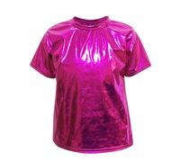 AMhomely Kids Metallic Dance Top-Sparkling Short Sleeve T-Shirts,Shiny Sequin Pullover Tops,Crewneck,for Disco Jazz Hip Hop Modern Dancewear A Hot Pink 11-12 Years