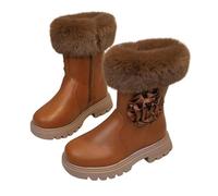AMhomely Kids Snow Shoes Girls-Winter Boots With Fur Fake-Faux Leather Ankle Shoes,Flower Decor,Side Zipper,Grip Flatform,Hiking Combat Boots for 3-11 Years A Brown 12.5