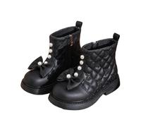 AMhomely Kids Winter Boots Girls-Quilted Boot For Girls,PU Leather Ankle Shoes,Fleece Lined,Bead Bowknot Decor,Size Zipper,Warm Snow Shoes for Outdoor School Walk Party A Black 11