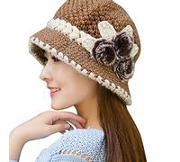 AMhomely Knitted Bucket Hat for Women - Winter Vintage Beanie with Floral Cloche Design, Elegant Brimmed Foldable Bowler, Thermal Windproof Bell Cap - Khaki One Size