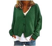 AMhomely Knitted Cardigan For Women UK Long Sleeve Open Front Sweater Coats Plain Knitted Cropped Jumper Jacket Cardigan V Neck Button Down Knitwear Solid Ribbed Cuffs Sweater Outwear Green L