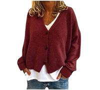 AMhomely Knitted Coat for Women Long Sleeve Button Down Cardigan Sweater Solid V Neck Jacket Open Front Knitwear Loose Fit Casual Thin Wine XXL