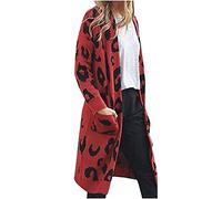 AMhomely Knitted Leopard Pattern Cardigans Womens Open Front Long Coats Longline Coat Jackets Fall Spring Top Coats Red