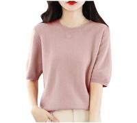 AMhomely Knitted Short Sleeve Top Women Ladies Lightweight Jumpers Plain Casual Knitted Blouse Raglan Sleeve Tunic Tops Crewneck Loose Pullover Sweaters Plain Basic Bottoming Tops Knitwear Pink M