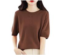AMhomely Knitted Short Sleeve Top Women Ladies Lightweight Jumpers Plain Casual Knitted Blouse Raglan Sleeve Tunic Tops Crewneck Loose Pullover Sweaters Plain Basic Bottoming Tops Knitwear Coffee XXL