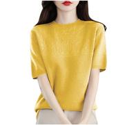 AMhomely Knitted Short Sleeve Top Women Ladies Lightweight Jumpers Plain Casual Knitted Blouse Raglan Sleeve Tunic Tops Crewneck Loose Pullover Sweaters Plain Basic Bottoming Tops Knitwear Yellow XXL