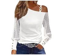 AMhomely Lace Blouse Women Ladies Tops One Side Off Shoulder Elegant Cold Shoulder Long Sleeve Shirts Crochet Lace Sleeve Tunic Tops Tees Shirts Dressy Puff Sleeve Shirts Office Work White XXL